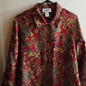 L Easy Spirit 100% Silk Jacket Red with Gold and Blue Floral Pattern